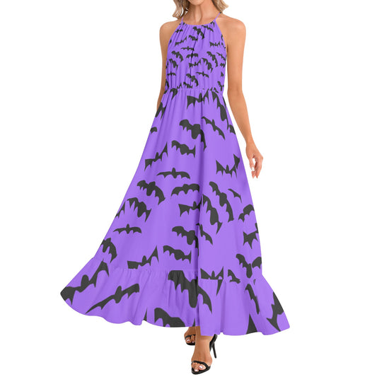 Bats Pattern Ruffle Hem Halter Neck Maxi Dress