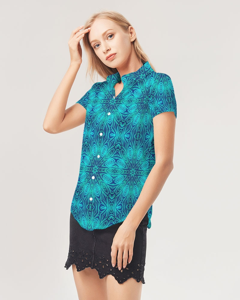 Blue Ice Kaleidoscope Women's All-Over Print Short Sleeve Button Up