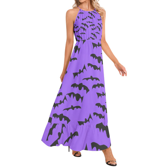 Bats Pattern Ruffle Hem Halter Neck Maxi Dress