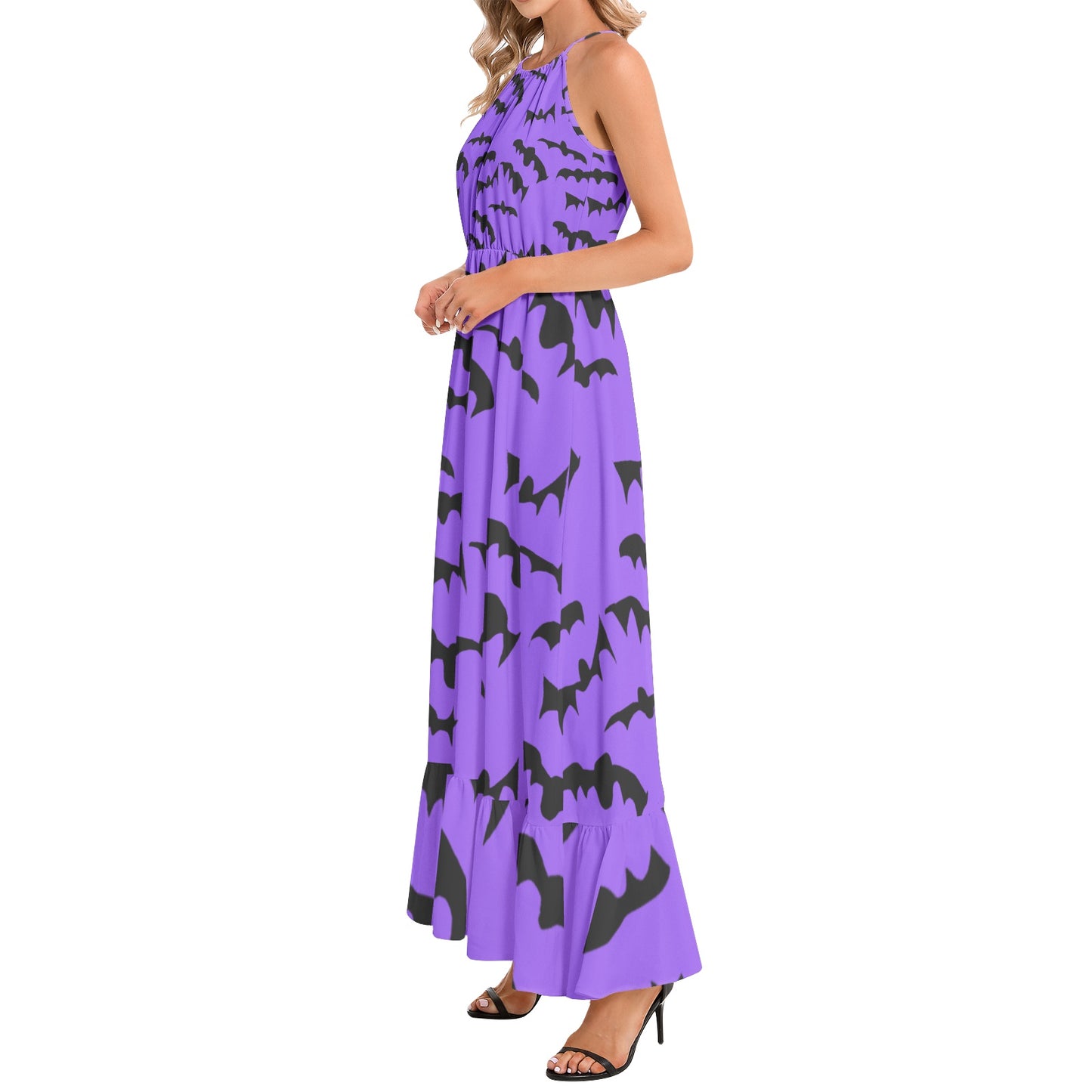 Bats Pattern Ruffle Hem Halter Neck Maxi Dress
