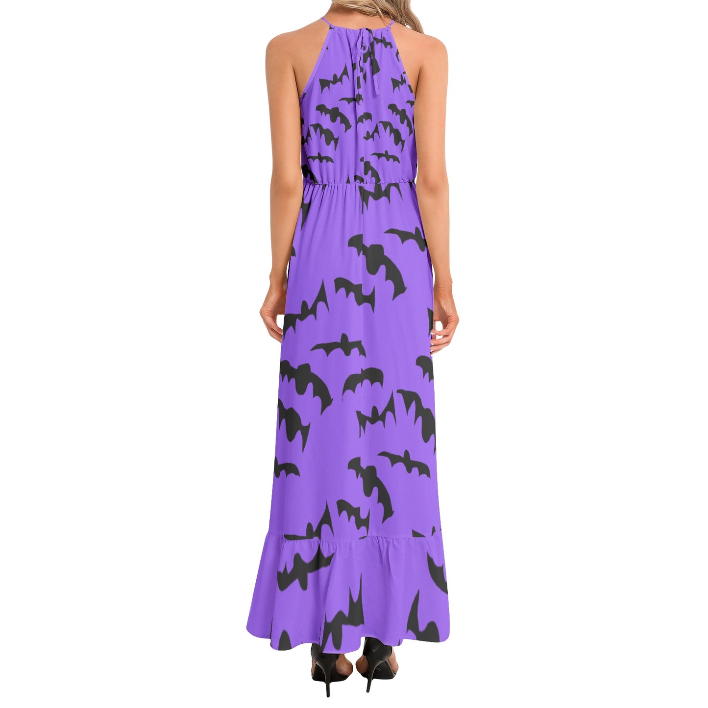 Bats Pattern Ruffle Hem Halter Neck Maxi Dress