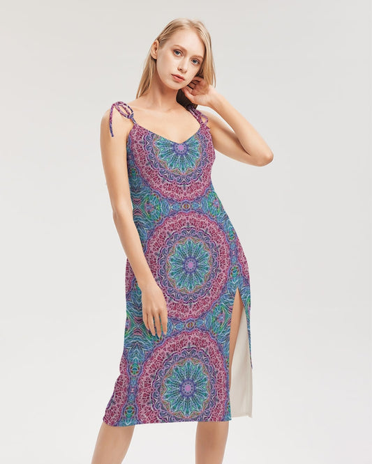 Blue Red Snowflake Kaleidoscope Women's All-Over Print Tie Strap Split Dress
