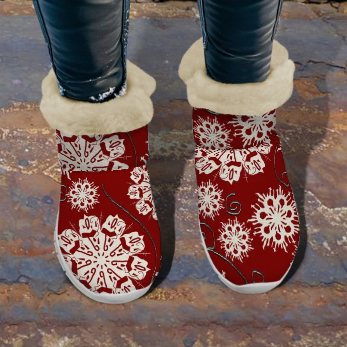 Snow Boots Snowflakes On Red