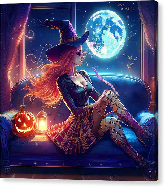 Enchanting Witch in Moonlit Room - Canvas Print