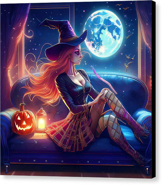 Enchanting Witch in Moonlit Room - Canvas Print