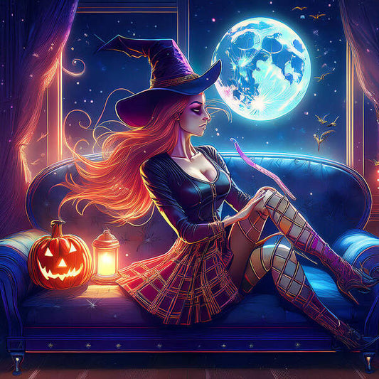 Enchanting Witch in Moonlit Room - Art Print
