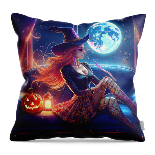 Enchanting Witch in Moonlit Room - Throw Pillow