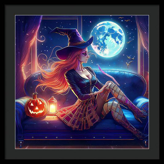 Enchanting Witch in Moonlit Room - Framed Print