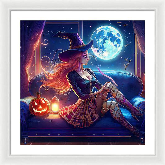 Enchanting Witch in Moonlit Room - Framed Print