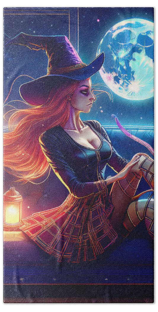 Enchanting Witch in Moonlit Room - Beach Towel