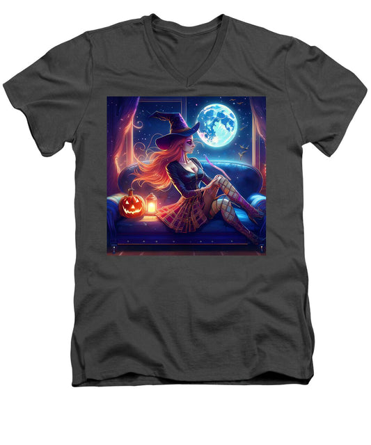 Enchanting Witch in Moonlit Room - Men's V-Neck T-Shirt
