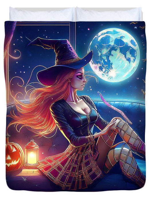Enchanting Witch in Moonlit Room - Duvet Cover