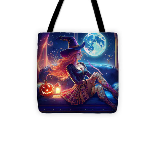 Enchanting Witch in Moonlit Room - Tote Bag