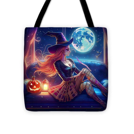 Enchanting Witch in Moonlit Room - Tote Bag