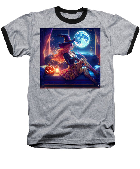 Enchanting Witch in Moonlit Room - Baseball T-Shirt