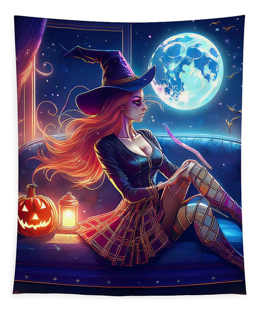 Enchanting Witch in Moonlit Room - Tapestry