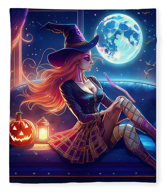 Enchanting Witch in Moonlit Room - Blanket