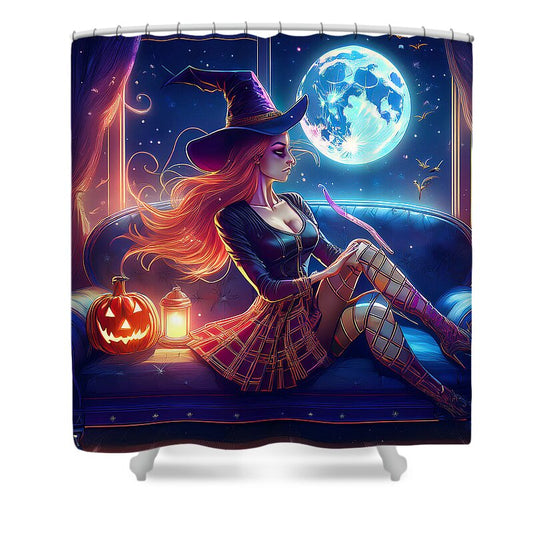 Enchanting Witch in Moonlit Room - Shower Curtain