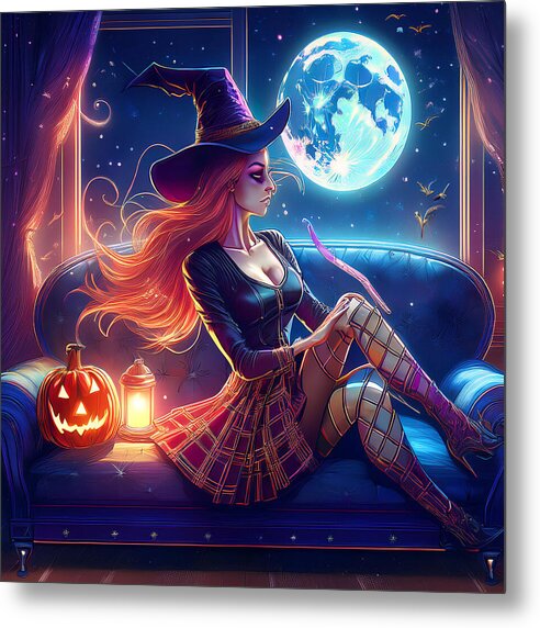 Enchanting Witch in Moonlit Room - Metal Print