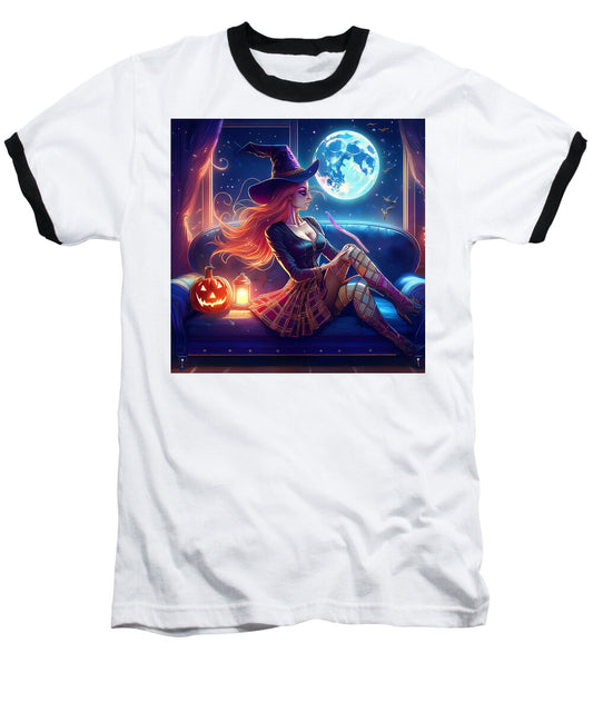 Enchanting Witch in Moonlit Room - Baseball T-Shirt