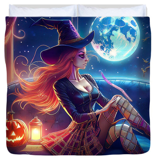 Enchanting Witch in Moonlit Room - Duvet Cover