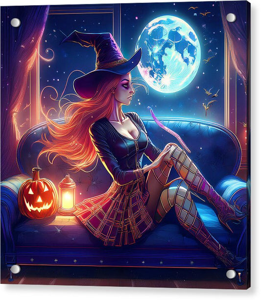 Enchanting Witch in Moonlit Room - Acrylic Print