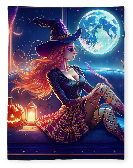 Enchanting Witch in Moonlit Room - Blanket