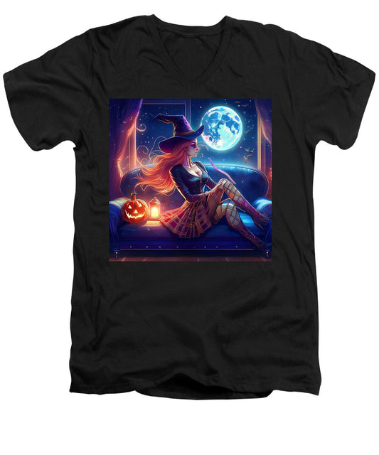 Enchanting Witch in Moonlit Room - Men's V-Neck T-Shirt