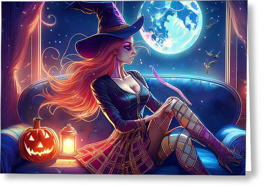 Enchanting Witch in Moonlit Room - Greeting Card