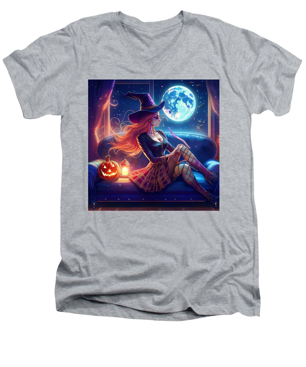 Enchanting Witch in Moonlit Room - Men's V-Neck T-Shirt