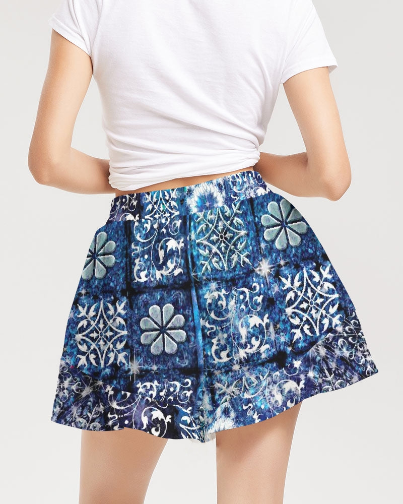 Blue Ice Crystals Motif Women's All-Over Print Ruffle Shorts