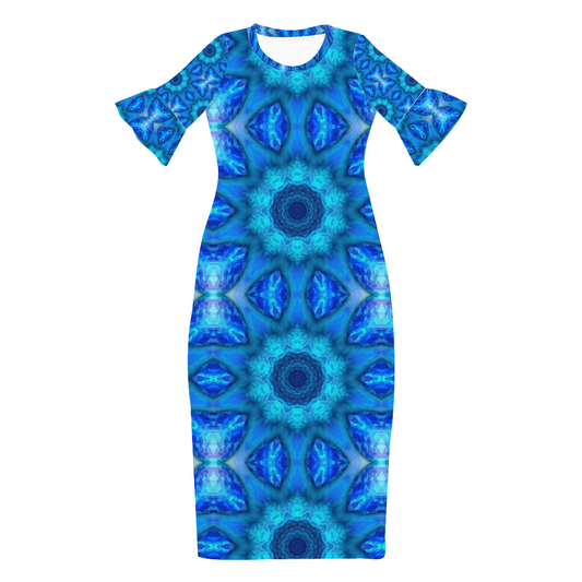 Blue Ocean Kaleidoscope Custom Lotus Leaf Short Sleeve Long Dress Women's Summer Fashion Dress