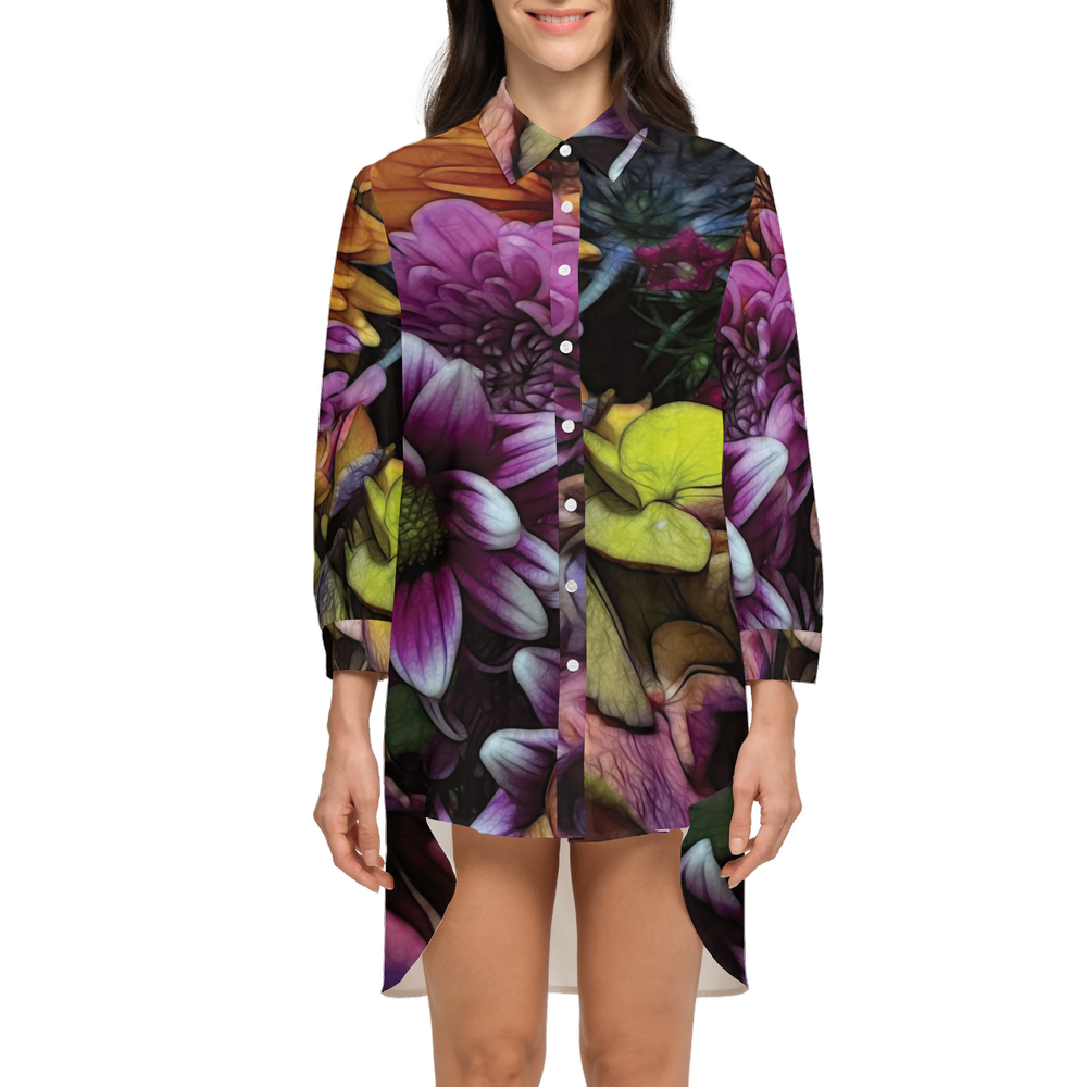 October Flowers 6 Women's High-Low Long-Sleeve Hem Shirt Silky-like Elegance