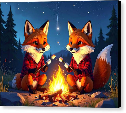 Foxes Toasting Marshmallows Under the Stars - Canvas Print