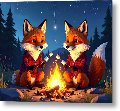 Foxes Toasting Marshmallows Under the Stars - Metal Print