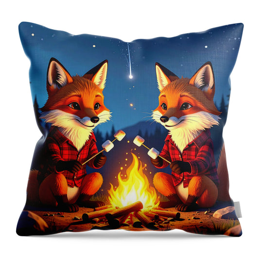 Foxes Toasting Marshmallows Under the Stars - Throw Pillow