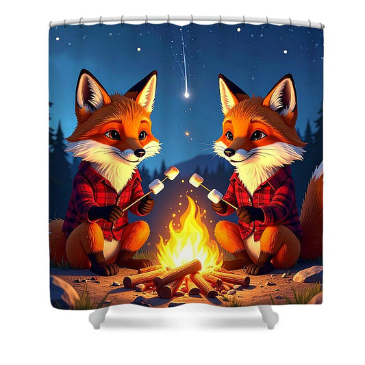 Foxes Toasting Marshmallows Under the Stars - Shower Curtain