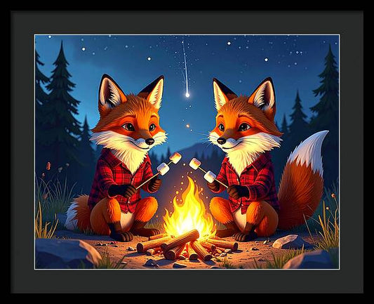 Foxes Toasting Marshmallows Under the Stars - Framed Print
