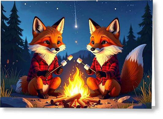 Foxes Toasting Marshmallows Under the Stars - Greeting Card