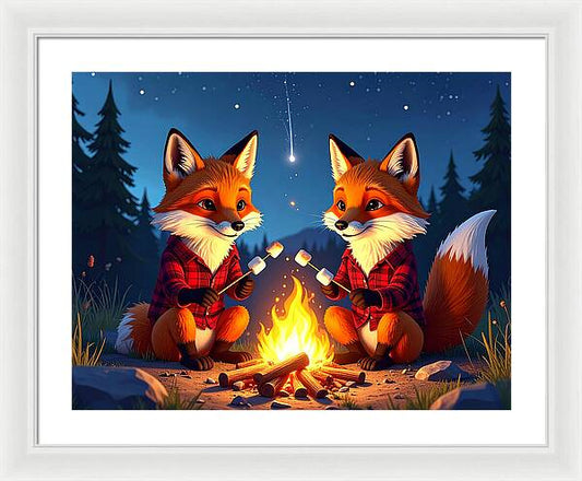 Foxes Toasting Marshmallows Under the Stars - Framed Print