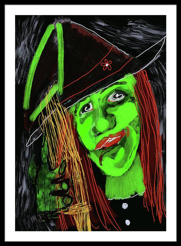 Green Witch with a Broom - Framed Print