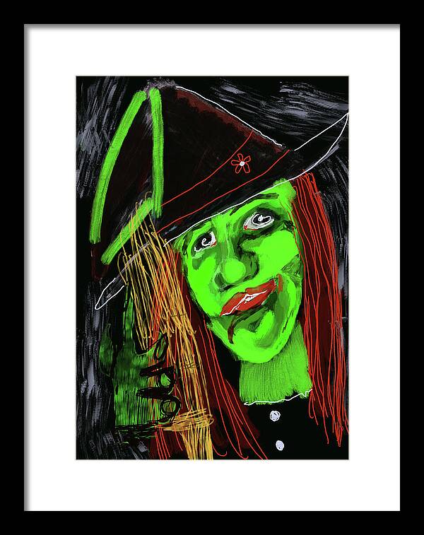 Green Witch with a Broom - Framed Print