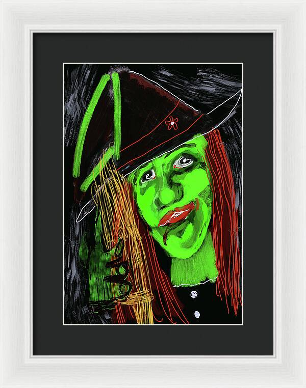 Green Witch with a Broom - Framed Print