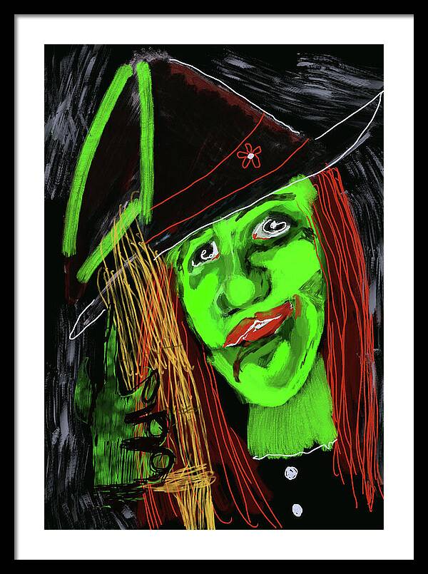 Green Witch with a Broom - Framed Print