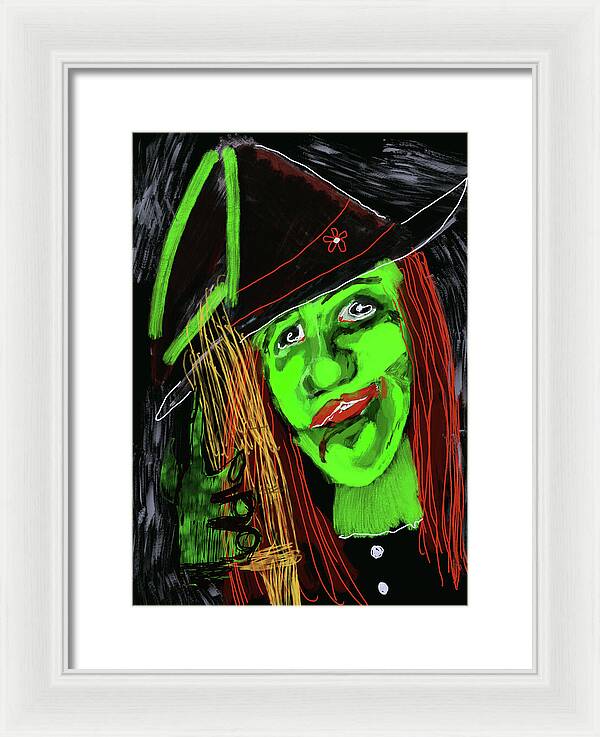 Green Witch with a Broom - Framed Print
