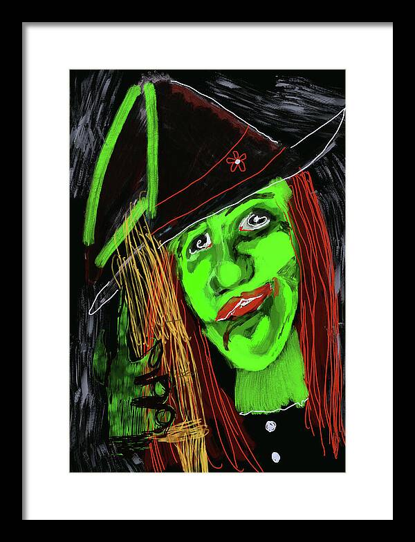 Green Witch with a Broom - Framed Print