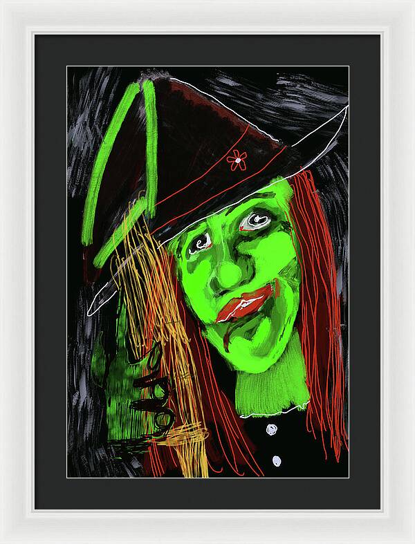 Green Witch with a Broom - Framed Print