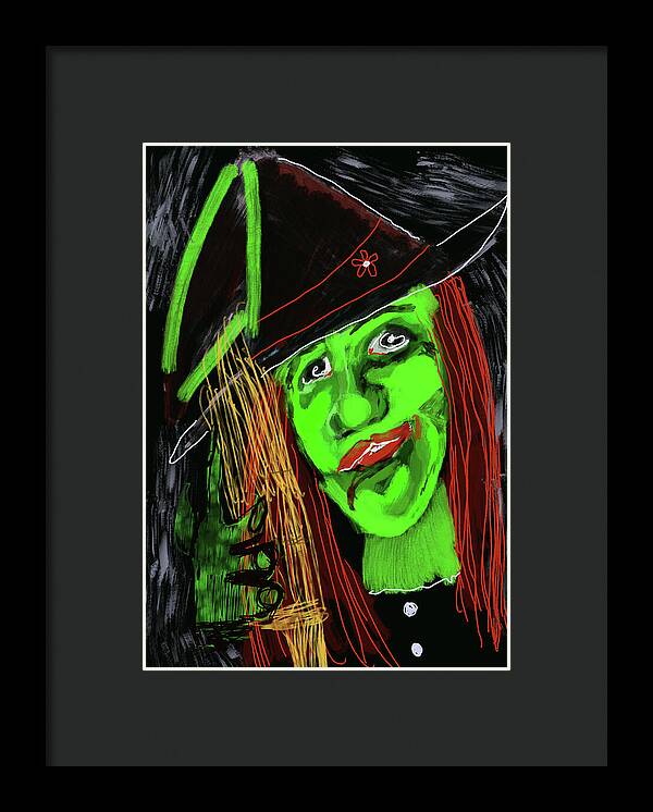 Green Witch with a Broom - Framed Print