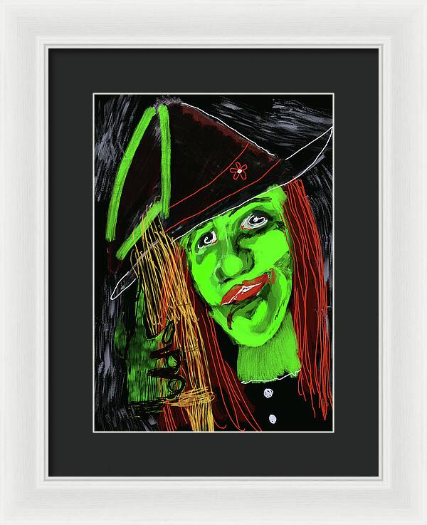 Green Witch with a Broom - Framed Print