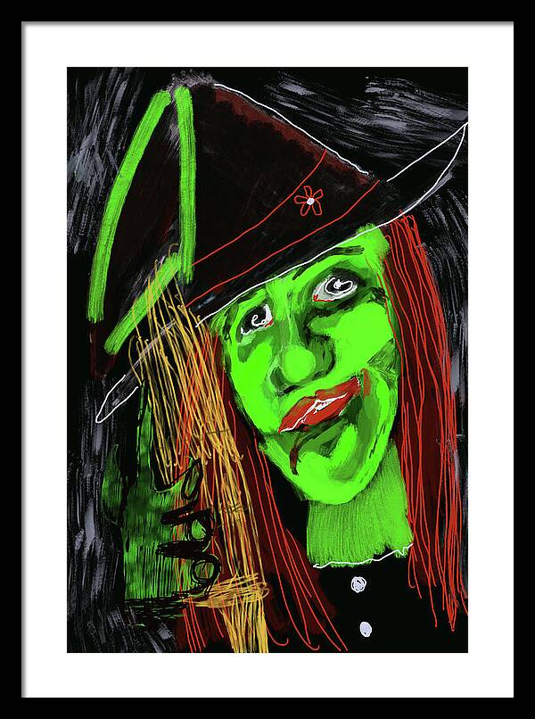 Green Witch with a Broom - Framed Print